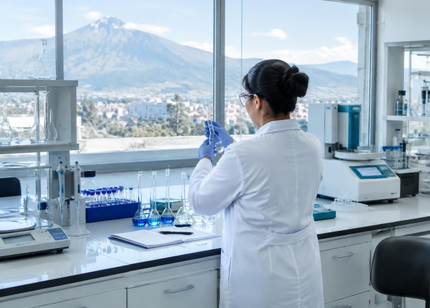 Profesional trabajando con cristalería en un laboratorio de Ibarra